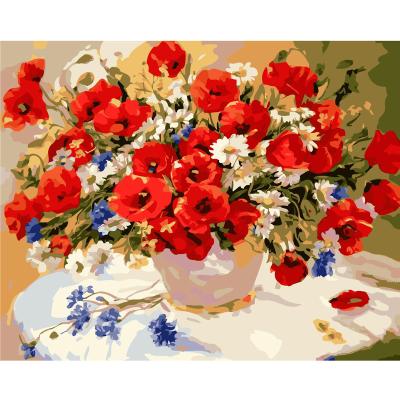 China Modern 3d Oil Painting On Canvas A Vase With Red And Purple Flowers On Table Painting By Numbers Photo Digital Oil Painting for sale