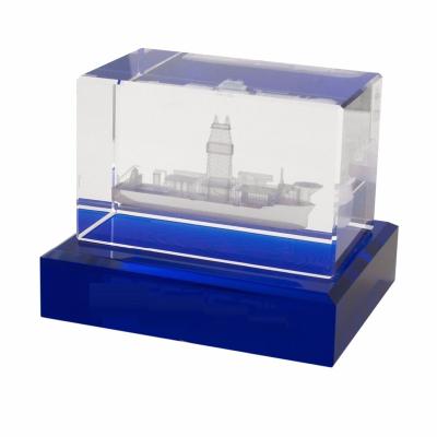 China Crystal glass processing crystal customized 3D laser Crystal glass cube with blue base for sale