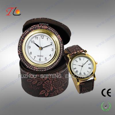 China Elegant classic travel PU leather desk clock and watch gift set for promotion for sale