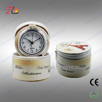 China Charming Flower printing leather PU travel clock with leather jewel box for sale