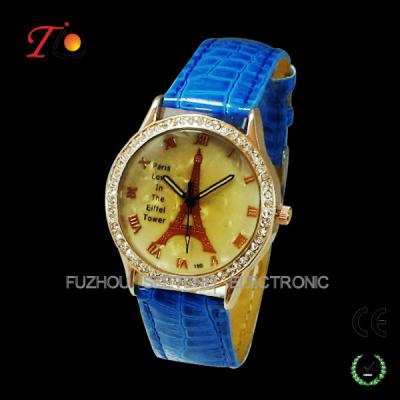 China Your own logo lady watches with Eiffel Tower on watch dial color PU leather band for sale