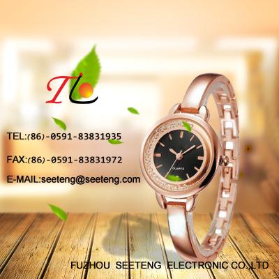 China Ladies watch with golden metal band bracelet buckle and double circle case black color dial for sale