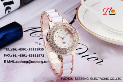 China Lady watch  white bracelet metal band and double circle diamond inset case for sale