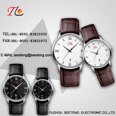 China PU Leather  wrist band couple watch black dial or white coupe quartz watch for sale