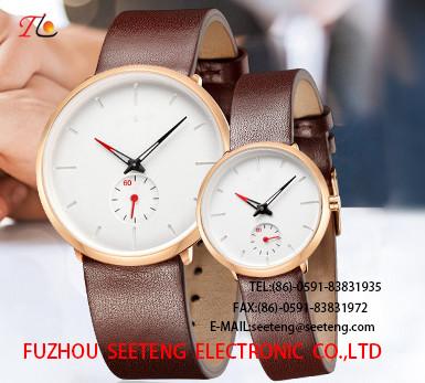 China wholesale  Couple watch Pu watch Round dial alloy case  quartz watch fashion watch concise style dark brown pu strap for sale