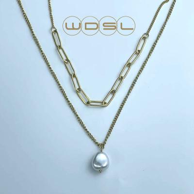 China Real 18k Gold Hypoallergenic Jewelry Pearl Necklace Gold Plated Link Chain Necklace Fashion Jewelry Women Layered Necklace for sale