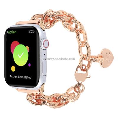 China New Luxury Stainless Steel Wrist With Heart Charms Stainless Steel Metal Link Chain iwatch 7 6 5 4 3 2 1 Se Apple Watch Band Bracelet For Women for sale