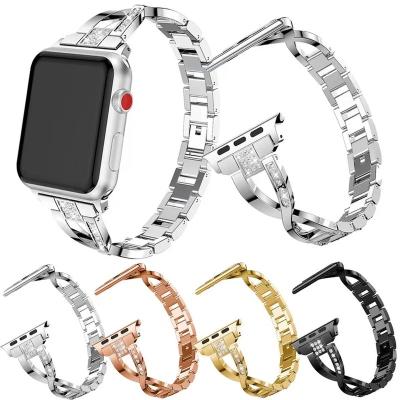 China Luxury Metal Diamond Watch Strap For Apple Watch Stainless Steel Watch Band 7/6/5/4/3/2/1/Tie 38mm 40mm 41mm 42mm 44mm 45mm for sale