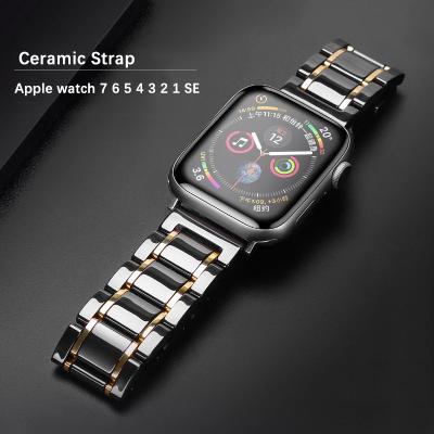 China 2 Side Five Side Beads Ceramic Gold Plating Strap For Apple Watch 7 6 5 4 3 2 1 Stainless Steel Metal Butterfly Buckle Contrast Strap for sale