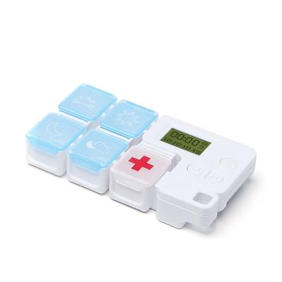 China TE02W Tetris Plastic Storage Box 4 Times A Day Pill Box Holder Cases Automatic Detachable Plastic Compartment Counter With Pill Reminder Clock for sale