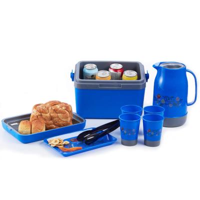 China Modern Family Travel Picnic Set 8PCS/Set 8L Food Container Ice Cooler Box Camping Plastic Water Jug And Cups for sale