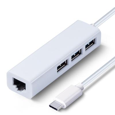 China ABS 4 In Type C Hub USB To 100M RJ45 Lan Adapter With 3 Port USB 3.0 Hub For Macbook Laptops for sale