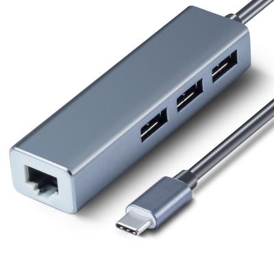 China Aluminum Alloy Type C to RJ45 LAN Network Card Hight Speed ​​USB C to 3.0 USB Hub for Laptop Macbook Computer for sale