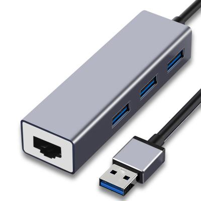 China Aluminum Alloy USB 3.0 to RJ45 Lan Network Card USB to 10-100M Ethernet Adapter with 3 Port USB 3.0 Hub for Laptops for sale