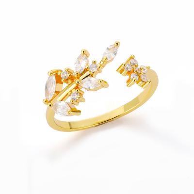 China New Leaf Ring 18k Gold Plated Flower Branch Leaf Opening Ring Adjustable Leaf Zircon Ring for sale