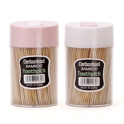 China Sustainable Customizable Portable 65mm * 1.8mm 300 Pcs Home Storage Carbonated Wooden Bamboo Toothpick Holder Bottle Jar for sale