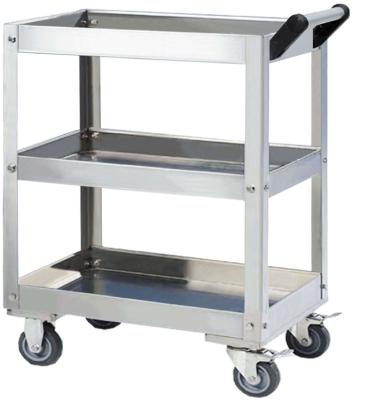 China Assembly Needed Stainless Steel Three Tier Service Restaurant Light Trolley Stand Four Wheel Dining Cart for sale