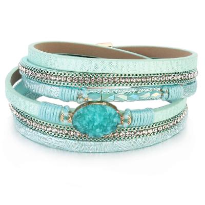 China TRENDY Leather Bracelets Crystal Bead Wrap Bracelet Boho Cuff Bracelet with Magnetic Clasp for Women for sale