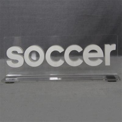 China Good Quality Customized Tabletop Counter SOCCER T-shaped Vertical Desk Signage Logo Acrylic Block Display Stand for sale