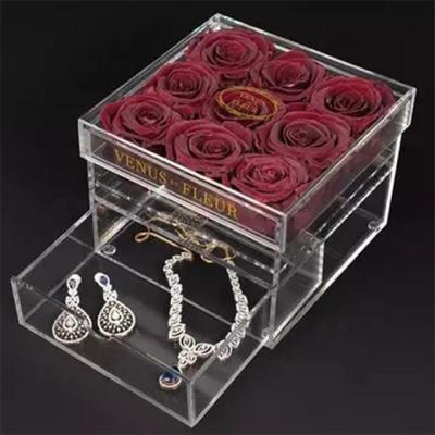 China Good Quality 9 holes Acrylic Rose Display Box flower decoration preserved rose acrylic gift box with drawer for sale