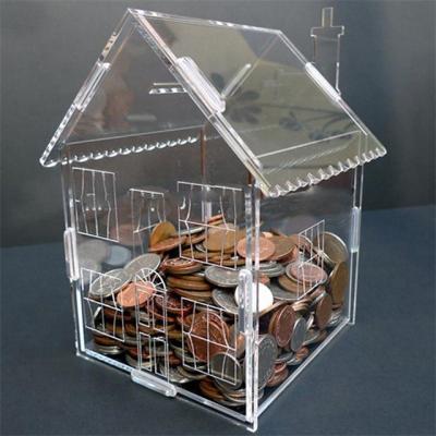 China Good Quality Clear Office House Shaped Coin Collection Acrylic Donation Money Boxes Charity with lock for sale