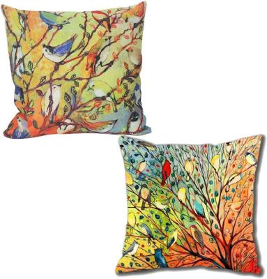 China Anti-Apnea Birds and Tree Home Decorative Cotton Square Pillow Case Sofa Waist Back Throw Cushion Canvas Cover for sale