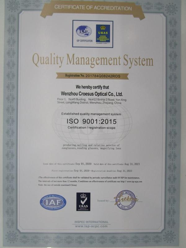 ISO9001 - Wenzhou Croesus Optical Co., Ltd.