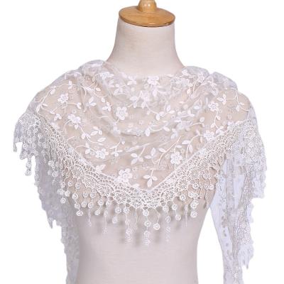 China Soft pure white edge lace floral print solid color summer elegant scarf for woman with fringe for sale