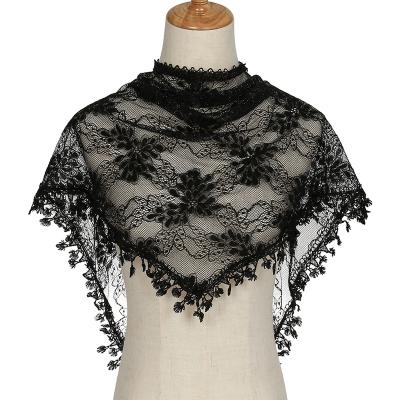 China Soft Sheer Fabulous Ladies Black Lace Solid Color Church Kerchief Scarf With Fringe For Summer for sale