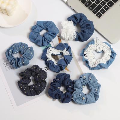 China Wholesale Hair Decoration Korean Hair Scrunchie Fashion Hair Accessories Star Print Lace Pearl Denim Fabric Scrunchies Hair Scrunchies For Girls for sale