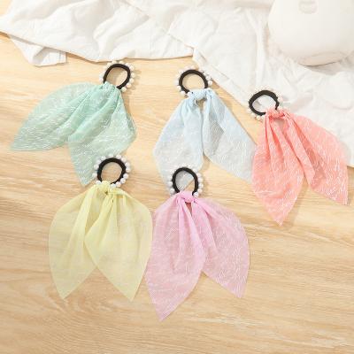 China Customized Korean Elastic Fairy French Tie Hair Scarf Faux Pearl Hair Rope Fashion Hair Decoration New Simple Chiffon Hair Accessories Long for sale