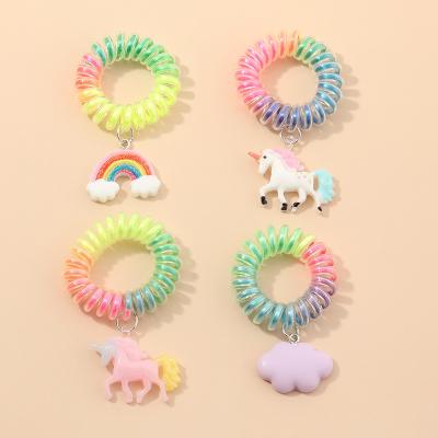 China Hair Decoration 4PCS/set Women Head Gummy Unicorn Shiny Laser Telephone Coil Bear Hair Bands Rainbow Elastic Plastic Rubber Braid Hair Rope for sale