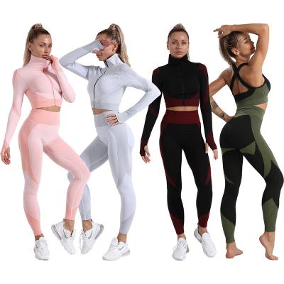 China Yoga Clothing Zipper Three Piece Suit Hip Lift Elastic Fitness Yoga Set Breathable Seamless Women for sale