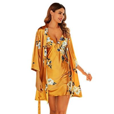 China New Summer Ice Silk QUICK DRY Pajamas Overall Sexy Night-gown Long Homewear Robe Set Ladies Morning Dresses Two-Piece Set for sale