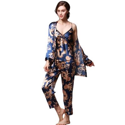 China 2021 Summer Ice Silk Couples Women QUICK DRY Pajamas Three-Piece Bathrobe Home Wear Unique Printing for sale