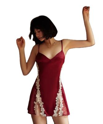 China European and American sexy seduction women's style deep V QUICK-DRY sexy lingerie lace stitching transparent slip nightgown pajamas wholesa for sale