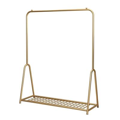 China Assemble 2021 Clothes Standing Garment Tendedero De Ropa Storage New Design Nordic Black Gold Metal Shelves Floor Coat Drying Racks Stand for sale