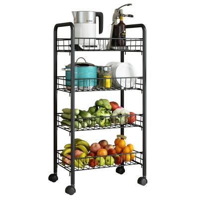 China Sustainable Portable Multifunctional Home Kitchen Spice Dish Black Rolling Wheels 3-5 Rows Metal Corner Storage Rack Shelves Trolley Cart for sale