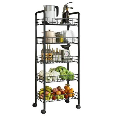 China Multi-Functional 5-Shelf Pan Dish Rolling Space Saving Kitchen Bathroom Corner Storage Rack Basket Shelf Cart With Wheels for sale