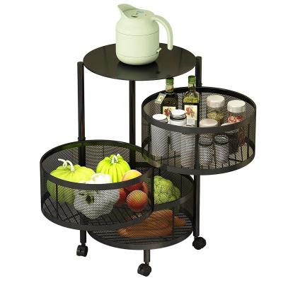 China New Household Multi-Functional Rotating Black Round Metal Sustainable Iron Storage Rack 3 Layers Cylindrical Fruit Basket With Wheels for sale