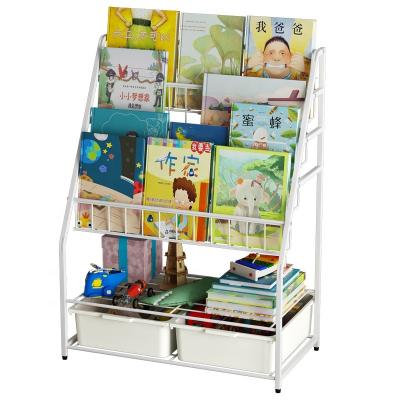 China DIY Assembly Children Girls Boys Library Study Books Toy File Racks Bookshelf 5 Shelf Kit Bookcase with Storage Baskets Furniture for sale