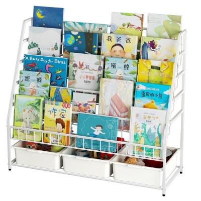 China Kit Toys Kids Book Multi-Layer Magazine Storage Rack Shelf Children Bookcase Shelf with 3 Gift Baskets Storage for sale