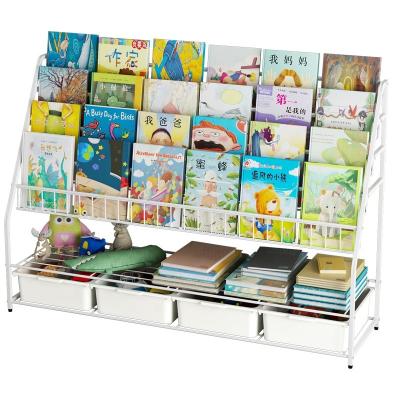 China Portable Home Children's Bookshelf Large Capacity Book Shelves Holder Magazine Dolls Storage White Metal Shelf in Bookstore Kit with 4 Baskets for sale