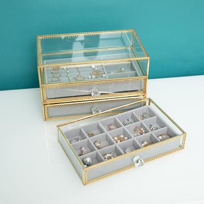 China Viable Gift Antique Valentine's Day Christmas Jewelry Storage Organizer Box With Brass Desktop Transparent Glass Lace for sale