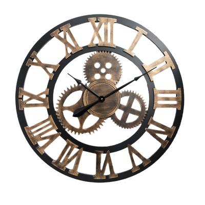 China Home Decor Antique Industrial Style Christmas New Year Wooden Mute Gears Roman Numbers Decorate Metal Wall Clock for sale