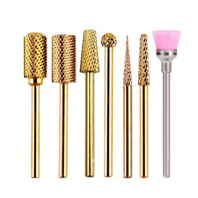 China Professional Manicure Pedicure Pedicure Remove Cuticle Gold Carbide Nail Drill Bit Acrylic Nail File Drill Bit Sets Nail Art Tools For Gel With Brush for sale