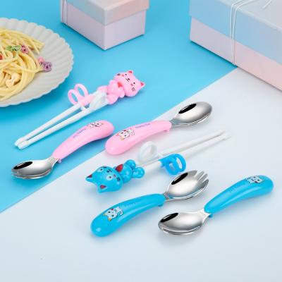 China Viable Creative Portable Cartoon Cutlery Fork Spoon Stainless Steel Children Tableware Baby Practice Chopsticks Cutlery 3 Pieces/Set for sale