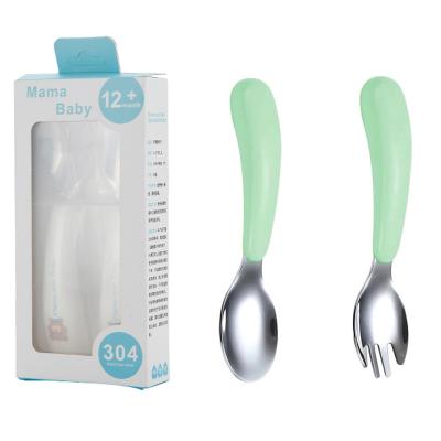 China Wholesale Free Silver Cute Cartoon Baby Spoon Cutlery 304 Stainless Steel BPA Stainless Steel Spoon Feeding Fork Plastic Handle Set for sale