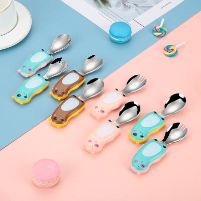 China BPA Free 2020 New Style Cartoon Bear Cutlery 304 Stainless Steel Spoon Creative Baby Learning Spoon Fork Feeding Set for sale