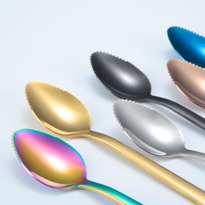 China 304 Colors Stainless Steel Sawtooth Spoon Sustainable Wholesale Fruit Baby Feeding Spoon Metal Titanium Spoon for sale